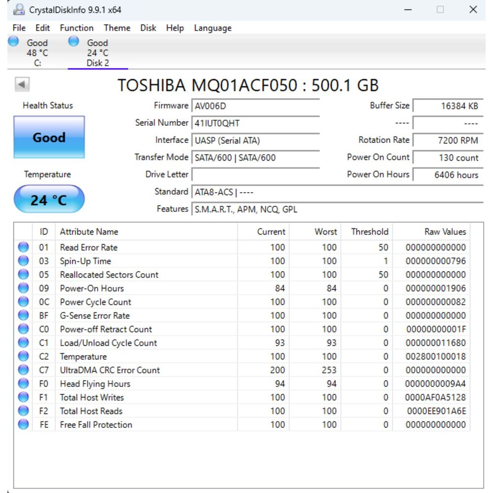 Toshiba 500GB 2.5" SATA Hard Drive (7200 RPM) - Tested & Working